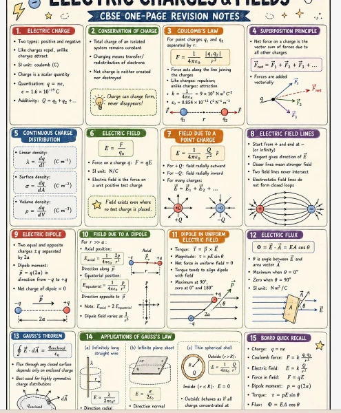 CBSE Class 12 Physics Electric Charges and Fields one-page revision notes covering Coulomb’s law, electric field, dipole, flux, Gauss’s theorem, and key formulas.