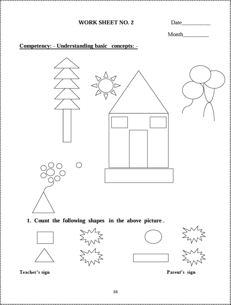 CBSE Class 1 Maths Worksheets 2027 featuring shape counting activities with circles, squares, triangles and rectangles using pictures of a house, tree, sun and balloons.