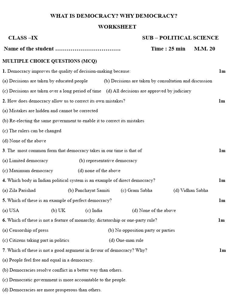 Class 9 Political Science worksheet on “What Is Democracy? Why Democracy?”, featuring seven MCQs about democratic decision-making, representative democracy, direct democracy