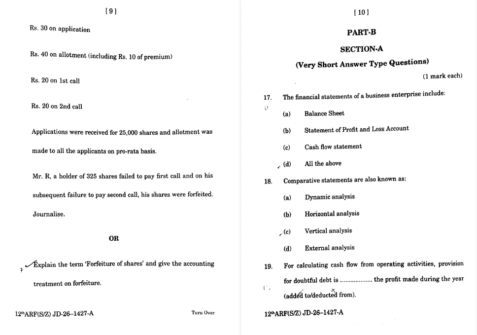 JKBOSE Class 12 Question Papers 2009 showing Accountancy questions on forfeiture of shares, financial statements, comparative statements, and cash flow from operating activities.
