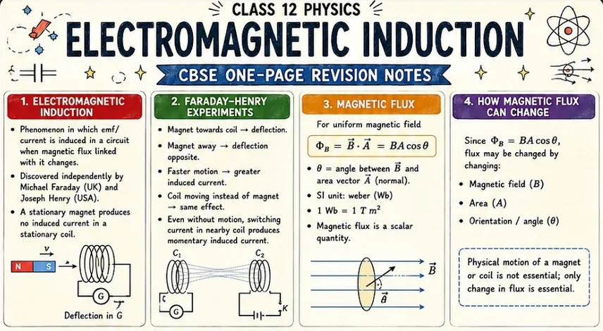 CBSE Class 12 Physics one-page revision notes on Electromagnetic Induction, covering Faraday–Henry experiments, induced EMF and current
