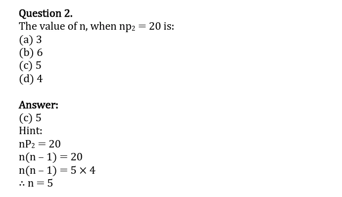 Mathematics study material showing a multiple-choice question asking for the value of \(n\) when \(^{n}P_2 = 20\), with options 3, 6, 5, and 4; the given answer is 5, using \(n(n-1)=20=5\times4\).