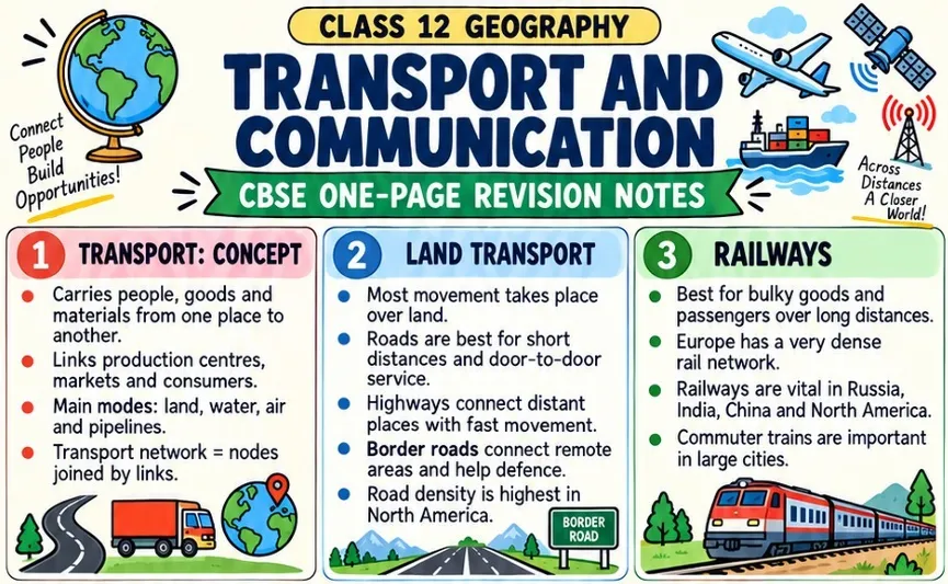 CBSE Class 12 Geography one page revision notes on Transport and Communication covering transport concepts, land transport, roads, highways, railways and their role in connectivity and trade.
