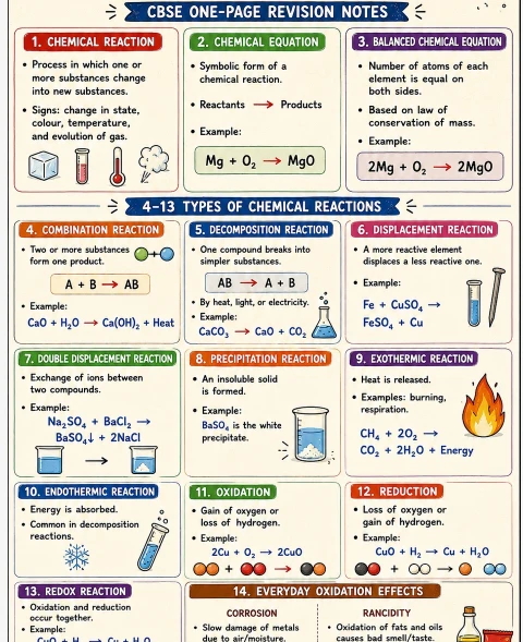 CBSE Class 10 Science one-page revision notes on Chemical Reactions and Equations, covering balanced equations, combination etc.