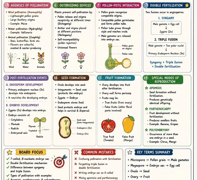 CBSE Class 12 Biology one-page notes covering pollination, outbreeding devices, pollen-pistil interaction, double fertilization, seed and fruit formation, and special reproduction modes.
