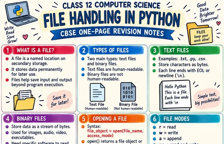 CBSE Class 12 Computer Science one page revision notes on File Handling in Python covering types of files, text files, binary files, opening files, file modes and data storage.