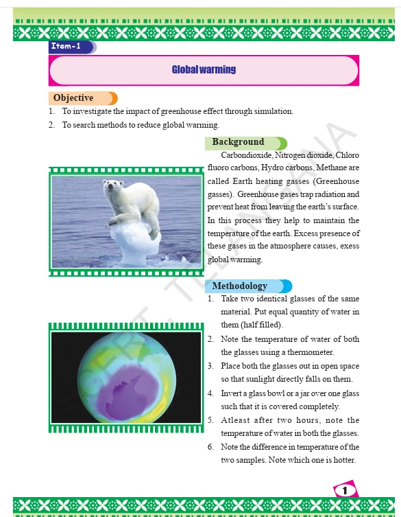 Global Warming project page explaining greenhouse gases, their effects, and a methodology using covered and uncovered glasses to compare water temperatures.