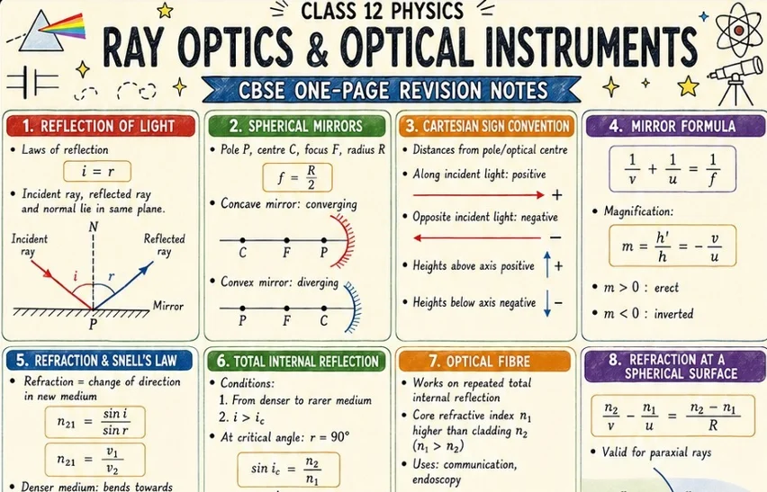 CBSE Class 12 Physics one-page revision notes on Ray Optics and Optical Instruments, covering reflection of light, spherical mirrors, Cartesian sign convention