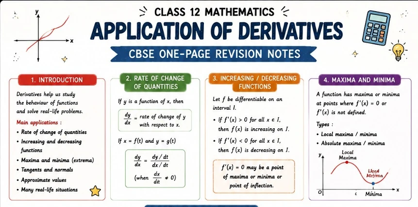 CBSE Class 12 Mathematics one-page revision notes on Application of Derivatives, covering rate of change of quantities, increasing and decreasing functions