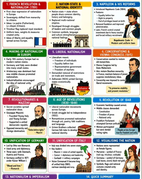 Class 10 Social Science one-page revision notes on Nationalism in Europe, covering the French Revolution, nation-state, Napoleon, liberal nationalism, Vienna Congress, Mazzini, 1848 revolutions, German and Italian unification.