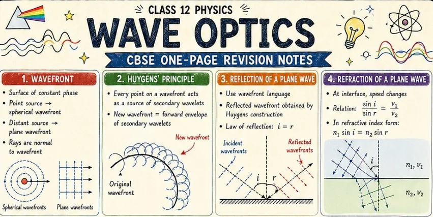 CBSE Class 12 Physics one-page revision notes on Wave Optics, covering wavefronts, Huygens’ principle, reflection of plane waves