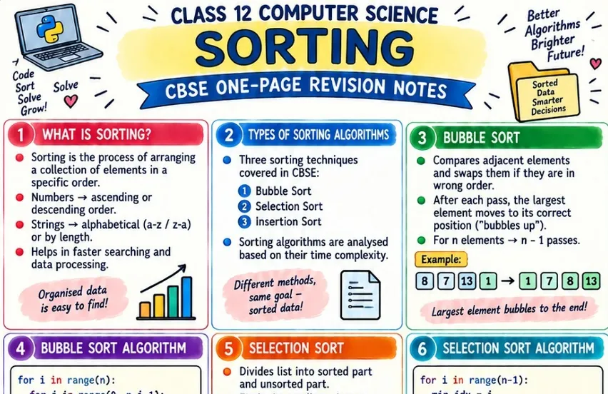CBSE Class 12 Computer Science one page revision notes on Sorting covering sorting algorithms, Bubble Sort, Selection Sort, Insertion Sort, Python code examples and time complexity.