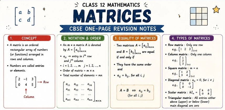 CBSE Class 12 Mathematics revision notes on Matrices, covering the concept and notation of matrices, order and elements, equality of matrices