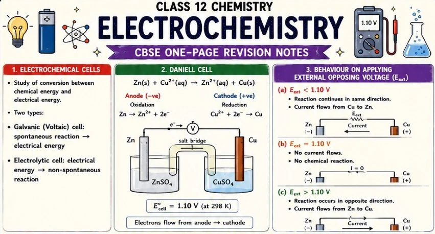 CBSE Class 12 Chemistry one-page revision notes on Electrochemistry, covering electrochemical cells, galvanic and electrolytic cells, the Daniell cell