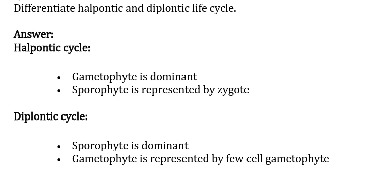Biology study material comparing haplontic and diplontic life cycles, stating that the gametophyte is dominant in the haplontic cycle while the sporophyte is dominant in the diplontic cycle.