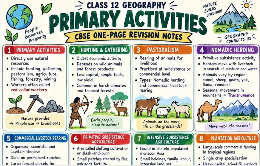 CBSE Class 12 Geography one page revision notes on Primary Activities covering hunting, gathering, pastoralism, nomadic herding, livestock rearing, subsistence farming and plantation agriculture.