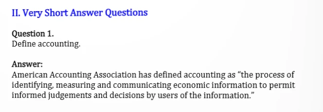 Class 11 Accountancy study material showing a question on the meaning and definition of accounting, with answers based on the American Accounting Association’s definition of accounting.