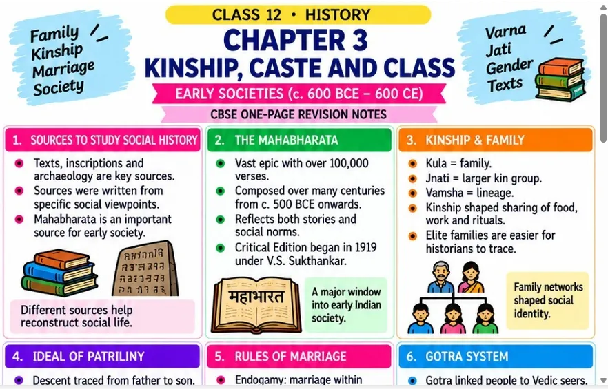 CBSE Class 12 History one-page revision notes on Chapter 3: Kinship, Caste and Class — Early Societies (c. 600 BCE–600 CE), covering historical sources, the Mahabharata, family and kinship structures