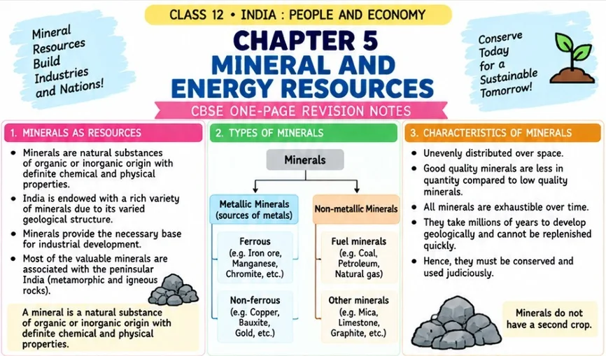 CBSE Class 12 Geography one-page revision notes on India: People and Economy — Chapter 5: Mineral and Energy Resources, covering minerals as resources