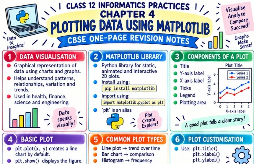 CBSE Class 12 Informatics Practices Chapter 4 one page revision notes on Plotting Data Using Matplotlib covering data visualisation, plot components, line charts, bar charts and plot customisation.