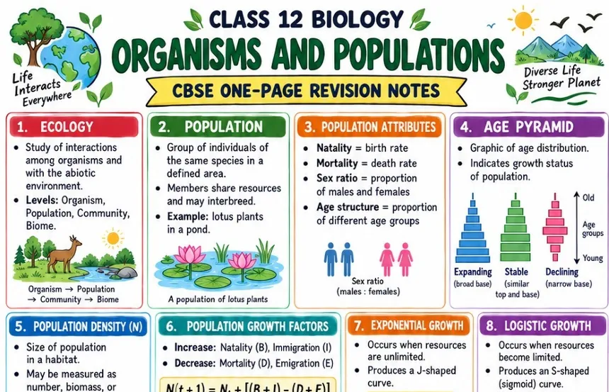 CBSE Class 12 Biology one-page revision notes on Organisms and Populations, covering ecology, population concepts and attributes, natality