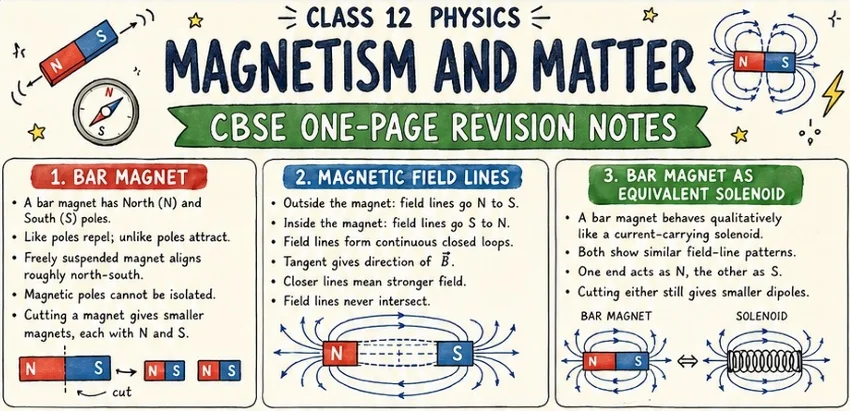 CBSE Class 12 Physics one-page revision notes on Magnetism and Matter, covering bar magnets, magnetic field lines, magnetic poles