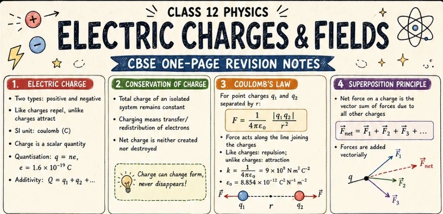 CBSE Class 12 Physics one-page revision notes on Electric Charges and Fields, covering electric charge, conservation and quantisation of charge