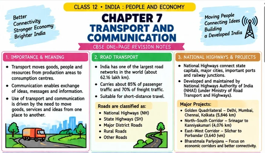 CBSE Class 12 Geography one-page revision notes on India: People and Economy — Chapter 7: Transport and Communication, covering the importance of transport and communication