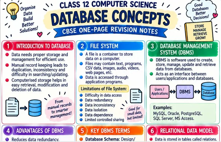 CBSE Class 12 Computer Science one page revision notes on Database Concepts covering file systems, DBMS, database management, advantages of DBMS, key terms and relational data models.