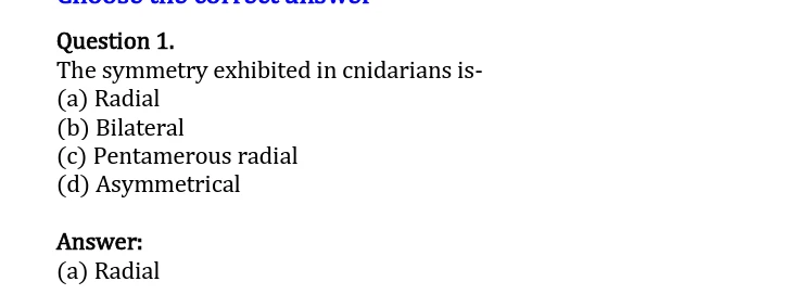Biology study material showing a multiple-choice question asking about the symmetry exhibited by cnidarians, with options including radial, bilateral, pentamerous radial, and asymmetrical; the answer given is radial symmetry.