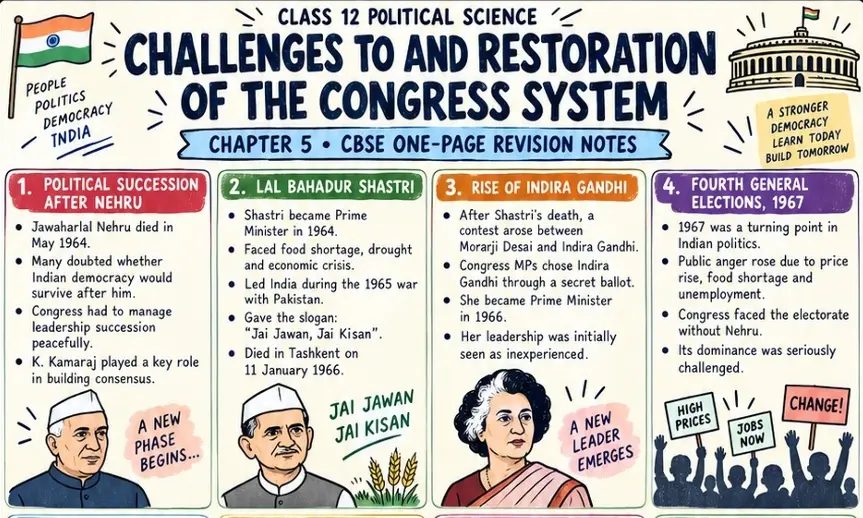 CBSE Class 12 Political Science Chapter 5 one page revision notes on Challenges to and Restoration of the Congress System covering political succession, Lal Bahadur Shastri, Indira Gandhi and 1967 elections.