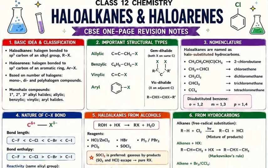 CBSE Class 12 Chemistry one-page revision notes on Haloalkanes and Haloarenes, covering classification, structural types, nomenclature, carbon–halogen bond properties