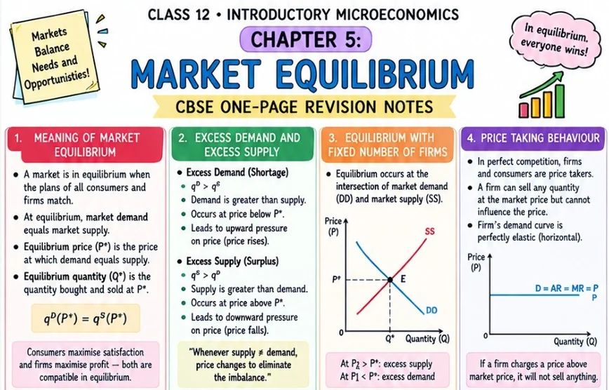 CBSE Class 12 Introductory Microeconomics one-page revision notes on Chapter 5: Market Equilibrium, covering market demand and supply, equilibrium price and quantity