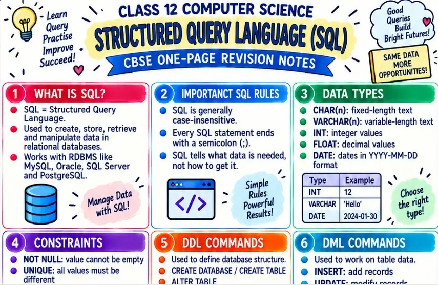 CBSE Class 12 Computer Science one page revision notes on Structured Query Language SQL covering SQL rules, data types, constraints, DDL commands, DML commands and relational databases.