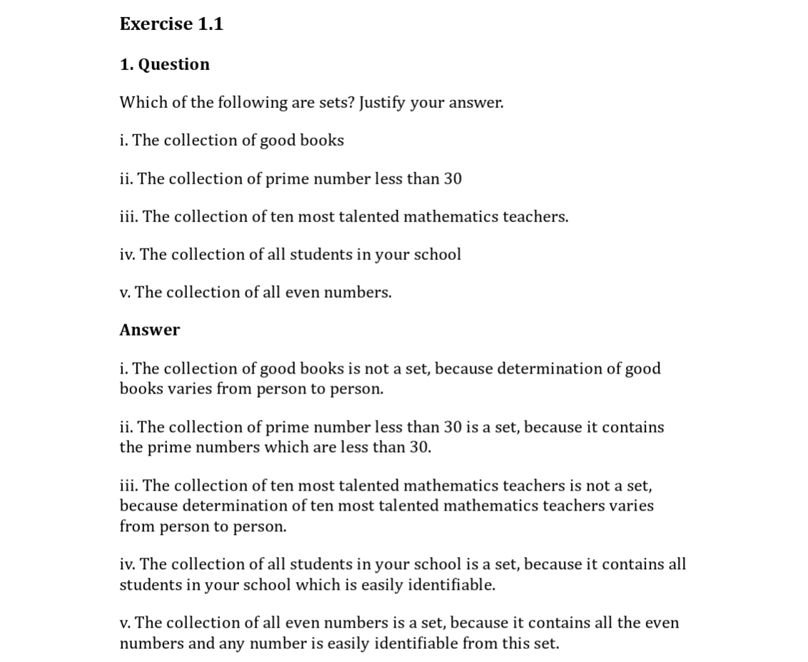 Samacheer Kalvi 9th Mathematics Term - 1 Chapter 1, Set Language, Exercise 1.1 showing questions and solutions on identifying sets, including collections of good books, prime numbers, teachers, students, and even numbers.