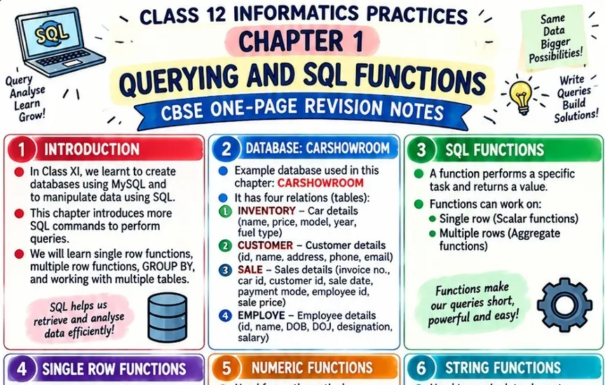 CBSE Class 12 Informatics Practices Chapter 1 one page revision notes on Querying and SQL Functions covering MySQL databases, Carshowroom tables, single row, numeric, string and aggregate functions.