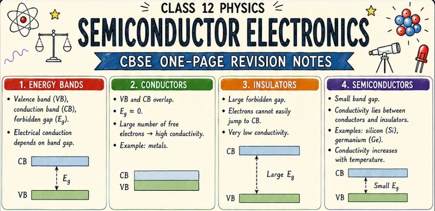 CBSE Class 12 Physics one-page revision notes on Semiconductor Electronics, covering energy bands, conductors, insulators, semiconductors