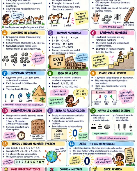 CBSE Class 8 Mathematics one-page revision notes covering counting in groups, Roman numerals, landmark numbers, Egyptian numerals, place value