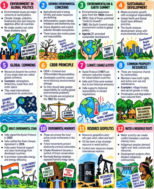 CBSE Class 12 Political Science one page revision notes on Environment and Natural Resources covering global environmental concerns, sustainable development, climate change, Kyoto Protocol