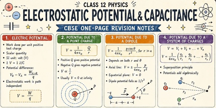 CBSE Class 12 Physics one-page revision notes on Electrostatic Potential and Capacitance, covering electric potential, potential due to a point charge
