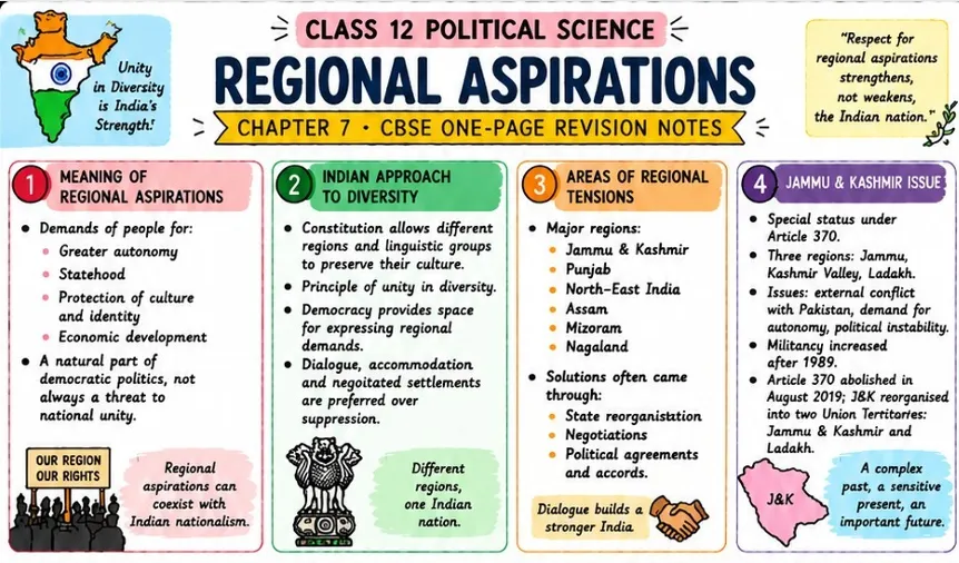 CBSE Class 12 Political Science Chapter 7 one page revision notes on Regional Aspirations covering regional autonomy, India's diversity, regional tensions, Jammu and Kashmir issues and national unity.