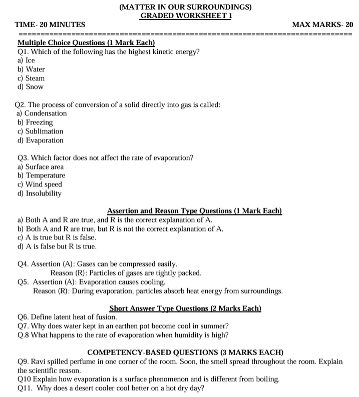 CBSE Class 9 Science worksheet on Matter in Our Surroundings, covering MCQs, assertion-reason questions, short-answer questions, and competency-based questions on kinetic energy.