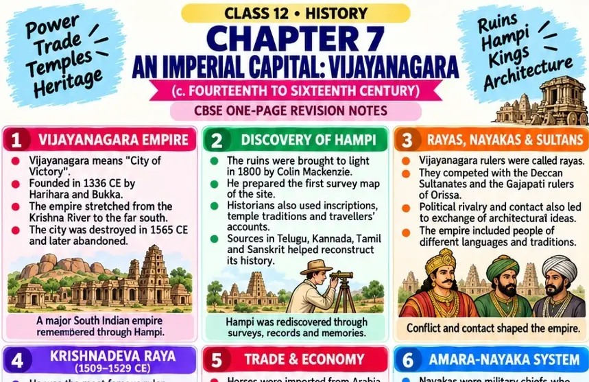 CBSE Class 12 History one-page revision notes on Chapter 7: An Imperial Capital — Vijayanagara (c. 14th–16th Century), covering the Vijayanagara Empire, the discovery of Hampi