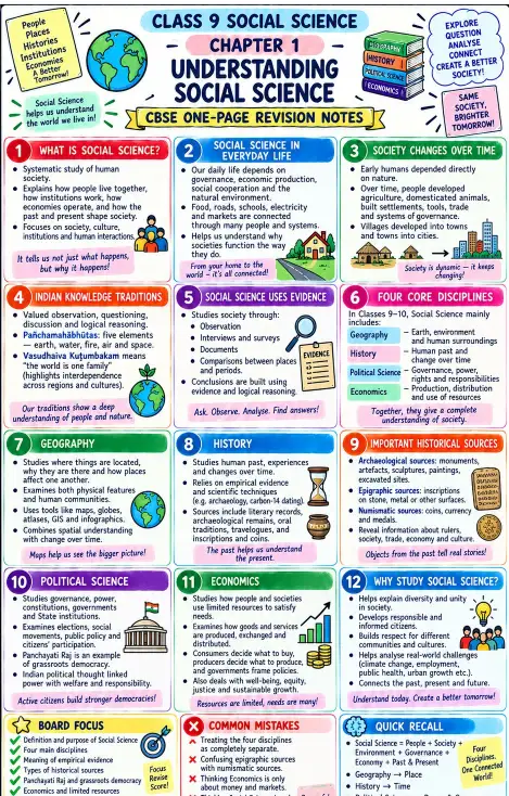 CBSE Class 9 Social Science Chapter 1 one-page revision notes, “Understanding Social Science,” covering social science concepts, everyday life, social change