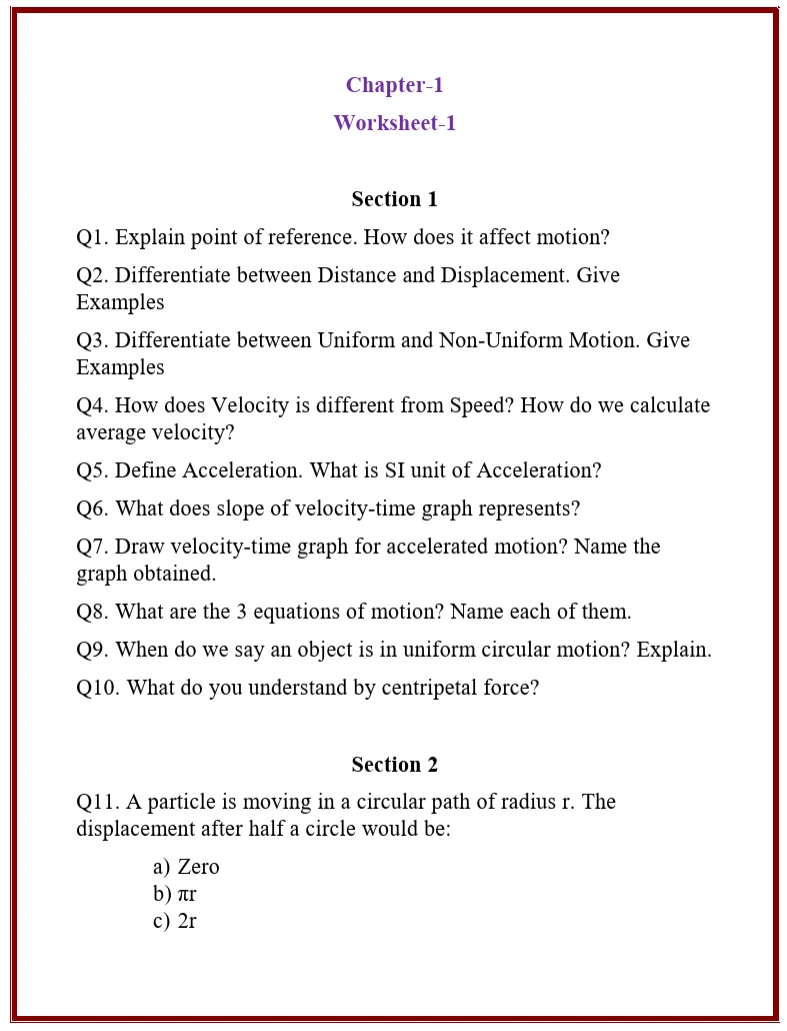 CBSE Class 9 Science worksheet on Motion, covering reference point, distance and displacement, uniform and non-uniform motion, speed and velocity, acceleration