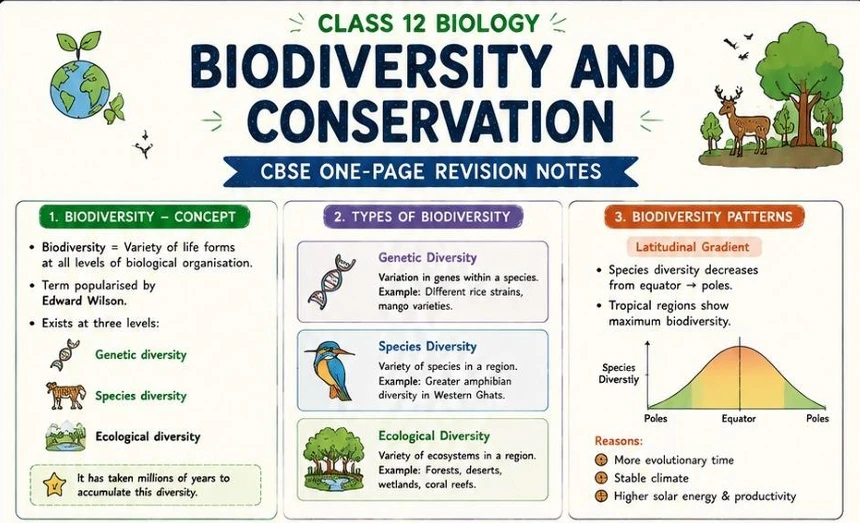 CBSE Class 12 Biology one-page revision notes on Biodiversity and Conservation, covering the concept and levels of biodiversity, genetic, species and ecological diversity