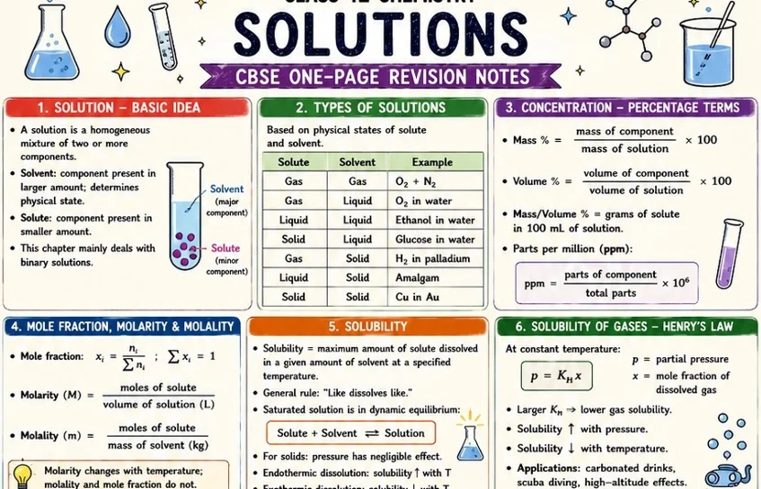CBSE Class 12 Chemistry one-page revision notes on Solutions, covering the basic concepts of solutions, types of solutions, concentration terms