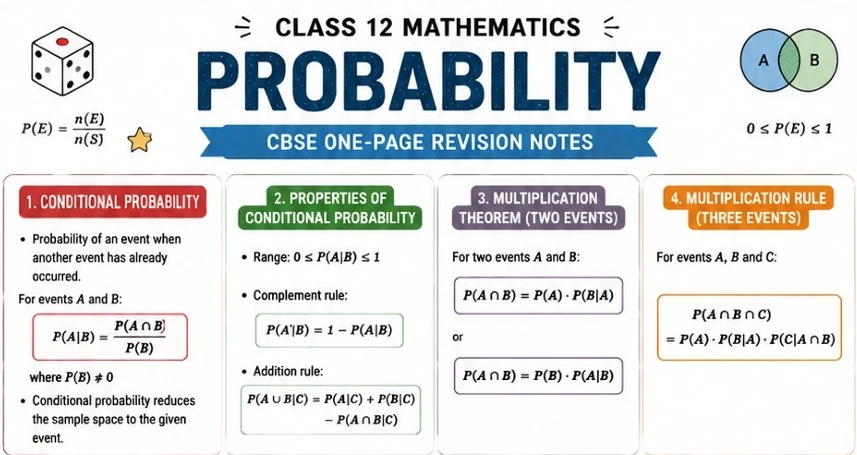 CBSE Class 12 Mathematics one-page revision notes on Probability, covering conditional probability, properties of conditional probability