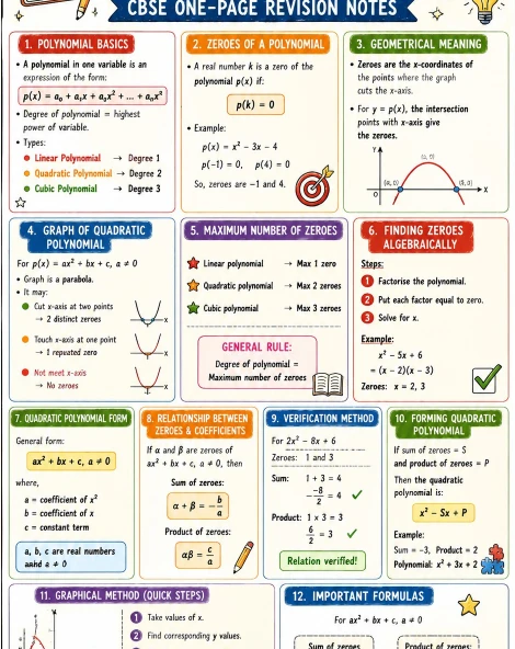 CBSE Class 10 Mathematics one-page revision notes on Polynomials, covering polynomial basics, zeros, graphs, geometrical meaning, algebraic methods, and the relationship between zeros and coefficients.
