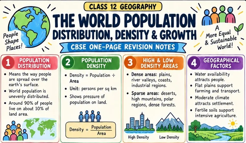 CBSE Class 12 Geography one page revision notes on World Population Distribution, Density and Growth covering population density formula, high and low density areas